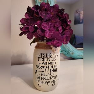 Friends Chiffon Cream Chalk Painted Quart Jar with Purple Hydrangea
